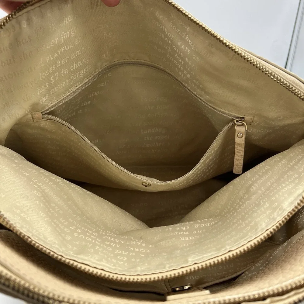 Kate Spade Pebbled‎ Leather Satchel Tote Bag Beige Zip Top Shoulder Purse